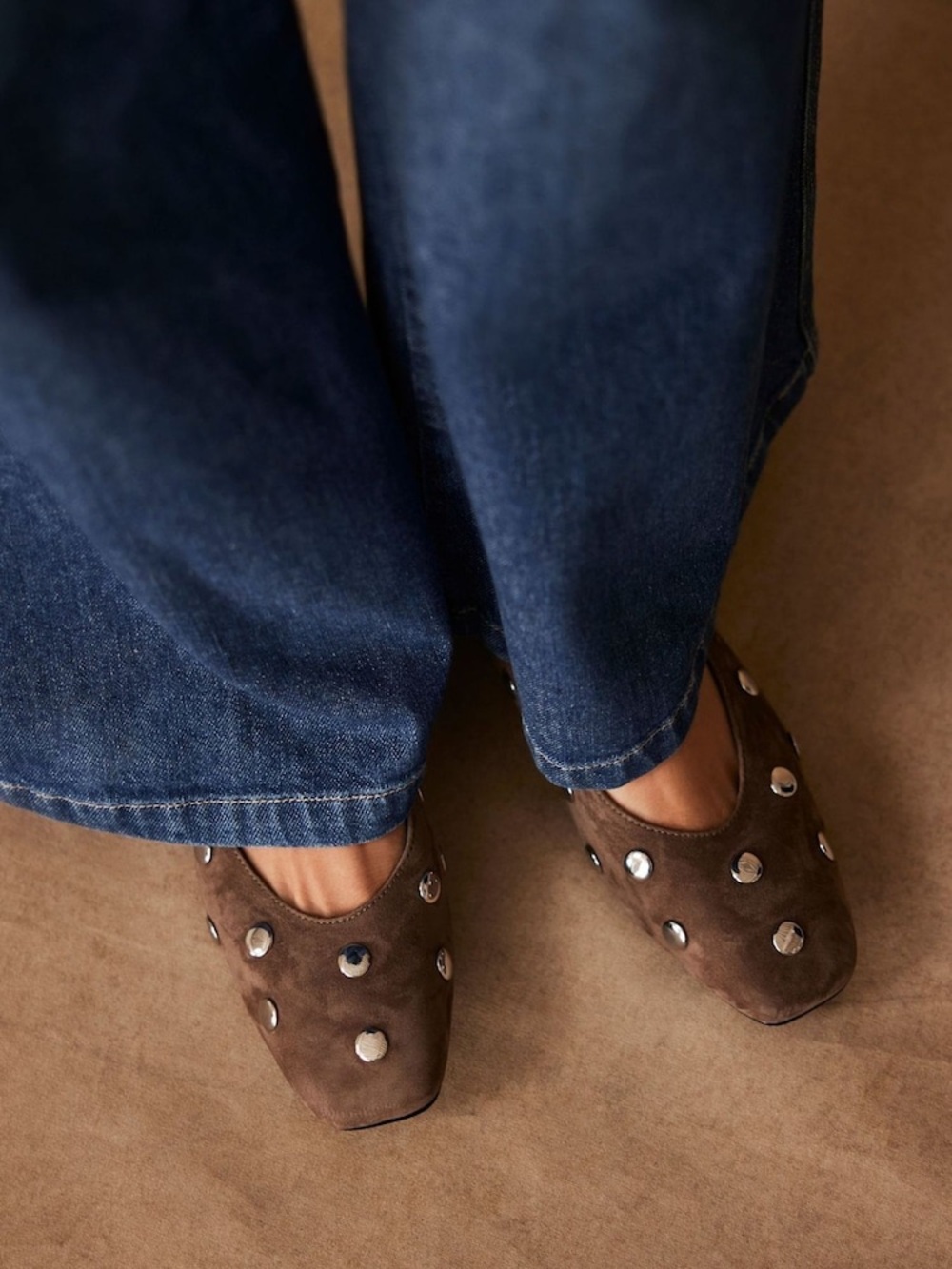 Mint Velvet Brown Coco Studded Leather Flats Women's Eu 37 Excellent Condition